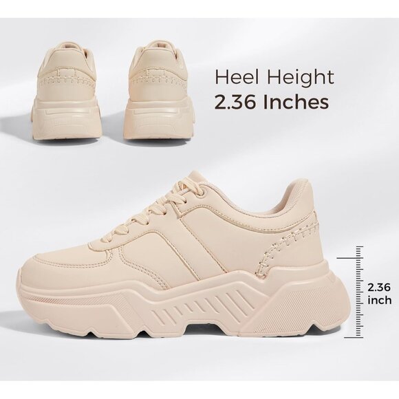 ⚡Women\'s Beige Platform Chunky Sneakers Fashion Dad Sneakers Casual Lace Up